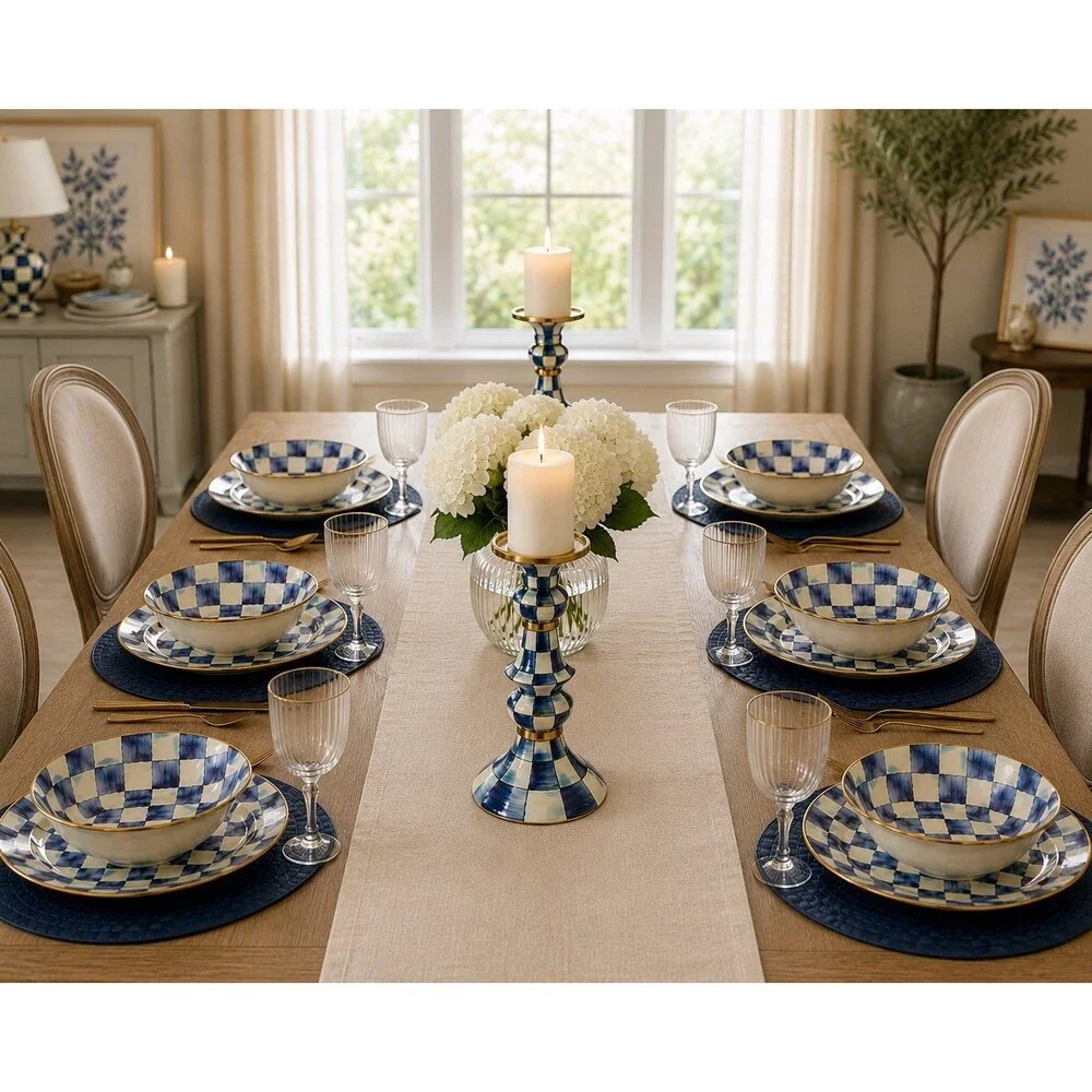 Mackenzie Childs Royal Check Large Blue and White Candlestick Set of 2 New